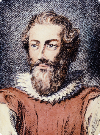 Pintura a óleo de um homem, François Viète, visto dos ombros pra cima. Ele tem cabelo ondulado, bigode e barba compridos, com a cabeça inclinada para a direita.
