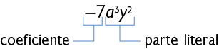 Esquema. Expressão menos 7 a elevado ao cubo y elevado ao quadrado. Está indicado que menos 7 é o coeficiente. Está indicado que, a, ao cubo, y, ao quadrado, é a parte literal.