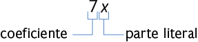 Esquema com a expressão 7x. Está indicado que 7 é o coeficiente. Está indicado que x é a parte literal.