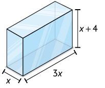 Ilustração de um paralelepípedo reto retângulo, com as dimensões: x de comprimento, 3 x de largura e x mais 4 de altura. 