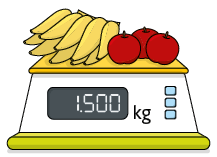 Ilustração de uma balança digital. Acima dela há uma penca de bananas e três maçãs. Em seu visor está marcando 1 ponto 500 quilograma. 