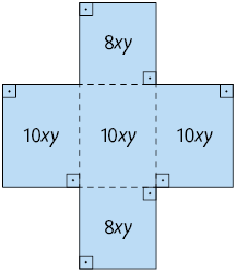 Ilustração de um polígono composto por 5 retângulos, no formato de uma cruz. O retângulo do centro, o à esquerda e o à direita dele tem, cada um, 10 x y unidades de área. O retângulo acima e abaixo do retângulo do centro têm, cada um, 8 x y unidades de área. O retângulo que está acima e o que está à esquerda estão com dois ângulos retos demarcados: o ângulo superior à esquerda e o ângulo inferior à direita. O retângulo que está abaixo e o que está à direita estão com dois ângulos retos demarcados: o ângulo superior à direita e o ângulo inferior à esquerda.