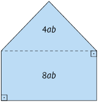Ilustração de um polígono composto por um retângulo abaixo e um triângulo acima, ambos com base de mesmo comprimento. O retângulo tem 8 a b unidades de área. O triângulo tem 4 a b unidades de área. Estão demarcados dois ângulos retos do retângulo, o ângulo superior à direita e inferior à esquerda.