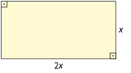 Ilustração de um retângulo com 2 x unidades de comprimento e x unidades de altura. Os ângulos superior à esquerda e inferior à direita estão com seus ângulos retos demarcados.