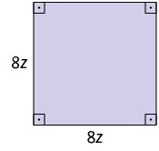 Ilustração de um quadrado com 8 z unidades de comprimento. Os quatro ângulos retos estão demarcados.