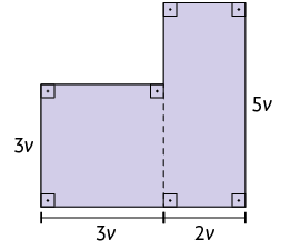 Ilustração de um polígono em formato de L. O polígono é composto por um quadrado com 3 v unidades de comprimento e um retângulo com 2 v unidades de comprimento e 5 v unidades de largura. Os quatro ângulos retos do quadrado e do retângulo estão demarcados.