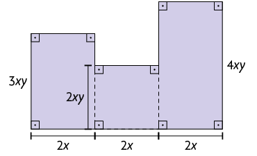 Ilustração de uma figura composta por 3 retângulos, um ao lado do outro. O primeiro da esquerda tem 2 x unidades de comprimento e 3 x y unidades de largura. O do centro tem 2 x unidades de comprimento e 2 x y unidades de largura. O da direita tem 2 x unidades de comprimento e 4 x y unidades de largura.