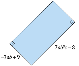 Ilustração de um retângulo com, menos 3 a b mais 9, unidades de comprimento e 7 a b ao cubo c menos 8 unidades de largura. Ele está inclinado à direita. Seus ângulos retos, superior à direita e inferior à esquerda, estão demarcados.