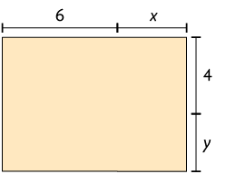 Ilustração de um retângulo. Uma parte de seu comprimento está demarcada com 6 unidades e a outra parte está demarcada com x unidades. Uma parte de sua largura está demarcada com 4 unidades e a outra parte está demarcada com y unidades.