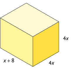 Ilustração. Paralelepípedo reto retângulo com x mais 8 unidades de comprimento, 4 x unidades de largura e 4 x unidades de altura.