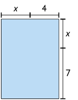 Ilustração de um retângulo. Uma parte de seu comprimento está demarcado com x unidades e a outra parte está demarcada com 4 unidades. Uma parte de sua largura está demarcada com x unidades e a outra parte está demarcada com 7 unidades.