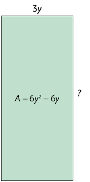 Ilustração de um retângulo com 3 y unidades de comprimento e um ponto de interrogação na medida de sua largura. Dentro dele está escrito: A igual 6 y ao quadrado menos 6 y.
