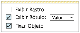 Ilustração de opções de demarcações: Exibir rastro, exibir rótulo e fixar objeto. OA segunda e a terceira opção estão selecionadas e a segunda também possui opção de escolher valor.