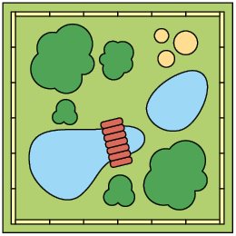 Ilustração de um espaço, visto de cima, cercado e composto por árvores, dois pequenos lagos, ponte. 