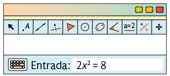 Ilustração de uma página de computador com o software Geogebra. Há vários botões de ferramentas e na aba de entrada está a equação 2 x ao quadrado, igual a 8.