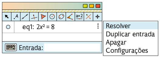Ilustração de uma página de computador com o software Geogebra. Há vários botões de ferramentas e está fixo na janela: e q 1, 2 x ao quadrado, igual a 8. Ao lado, estão as opções de seleção: resolver, duplicar entrada, apagar e configurações. A primeira está selecionada.