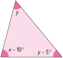 Ilustração de um triângulo com as seguintes medidas de seus ângulos internos: x menos 10 graus; y menos 5 graus; e y.