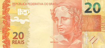 Fotografia de uma cédula de 20 reais.
