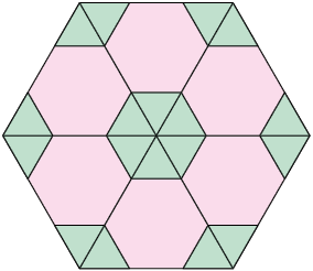 Ilustração de um mosaico formado por triângulos e hexágonos regulares. Juntos, esses hexágonos e triângulos formam um hexágono regular maior.