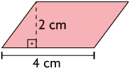 Ilustração de um paralelogramo com medida de comprimento da base: 4 centímetros e altura: 2 centímetros.