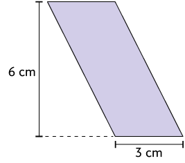 Ilustração de um paralelogramo com medida de comprimento da base: 3 centímetros e altura: 6 centímetros.