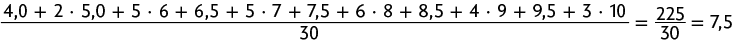 Esquema com a expressão: início de fração, numerador: 4,0 mais 2 vezes 5 vírgula 0 mais 5 vezes 6 mais 6,5 mais 5 vezes 7 mais 7,5 mais 6 vezes 8 mais 8,5 mais 4 vezes 9 mais 9,5 mais 3 vezes 10, denominador: 30, fim de fração, igual a, início de fração, numerador: 225, denominador: 30, fim de fração é igual a 7,5.