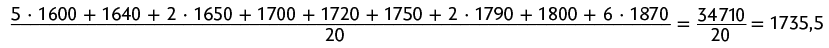 Esquema com a expressão: início de fração, numerador: 5 vezes 1600 mais 1640 mais 2 vezes 1650 mais 1700 mais 1720 mais 1750 mais 2 vezes 1790 mais 1800 mais 6 vezes 1870, denominador: 20, fim de fração, igual a, início de fração, numerador: 34710, denominador: 20, fim de fração, igual a. 1735,5.