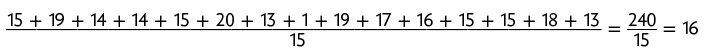 Esquema com a expressão: início de fração, numerador: 15 mais 19 mais 14 mais 14 mais 15 mais 20 mais 13 mais 1 mais 19 mais 17 mais 16 mais 15 mais 15 mais 18 mais 13, denominador: 15, fim de fração é igual a início de fração, numerador: 240, denominador: 15, fim de fração é igual a 16.