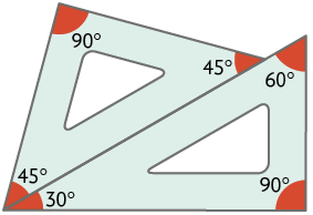 Ilustração de dois esquadros, um acima do outro. O de cima, com seus ângulos internos medindo 45 graus, 45 graus e 90 graus; o debaixo com seus ângulos internos medindo 30 graus, 60 graus e 90 graus. Eles estão encostados de maneira que o esquadro de cima, esteja alinhado no ângulo de 45 graus com o ângulo de 30 graus do esquadro debaixo.
