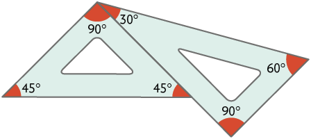 Ilustração de dois esquadros, um ao lado do outro. O da esquerda, com seus ângulos internos medindo 45 graus, 45 graus e 90 graus; o da direita com seus ângulos internos medindo 30 graus, 60 graus e 90 graus. Eles estão encostados de maneira que o esquadro da esquerda, esteja alinhado no ângulo de 90 graus com o ângulo de 30 graus do esquadro da direita.