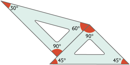 Ilustração de dois esquadros, um acima do outro. O de cima, com seus ângulos internos medindo 30 graus, 60 graus e 90 graus; o debaixo com seus ângulos internos medindo 45 graus, 45 graus e 90 graus. Eles estão encostados de maneira que o esquadro de cima, esteja alinhado no ângulo de 60 graus com o ângulo de 90 graus do esquadro debaixo.