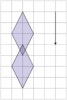 Ilustração de uma malha quadriculada com dois losangos, ambos com 2 quadrados da malha  de base menor e 4 quadrados da malha de base maior. Eles estão um abaixo do outro, porém com um dos vértices sobrepostos, formando um losango menor. Há ao lado uma seta de 3 qiuadrados da malha de comprimento apontando para baixo.