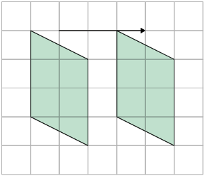 Ilustração de uma malha quadriculada com dois paralelogramos, um ao lado do outro, com um quadradinho da malha de distância um do outro, com seta acima deles com 3 quadrados da malha de comprimento apontando para a direita.