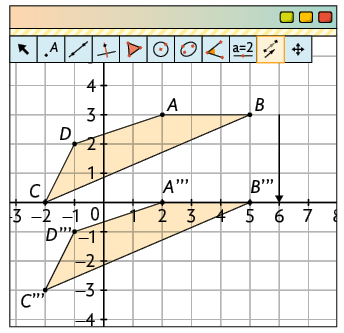 Ilustração. Tela de um software de geometria com um plano cartesiano em uma malha quadriculada. Nela há um polígono desenhado com vértices e suas coordenadas, A: 2 e 3; B: 5 e 3; C: menos 2 e 0; D: menos 1 e 2. Há ícones de seleção e o ícone com desenho de reta com flecha está selecionado. Há outro polígono desenhado com vértices e suas coordenadas, A 3 linha: 2 e 0; B 3 linhas: 5 e 0; C 3 linhas: menos 2 e menos 3; D 3 linhas: menos 1 e menos 1.