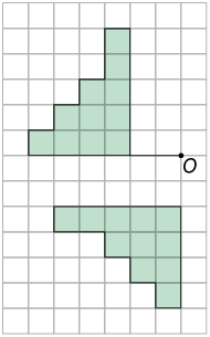 Ilustração de uma malha quadriculada com uma figura de 10 lados que tem a sua base desenhada sobre um segmento de reta com o ponto O pertencente à reta e distante 2 quadradinhos da figura. A figura se assemelha a representação de uma escada com 3 degraus  de um quadradinho e ao final, um degrau com 2 quadradinhos de altura. Distante 2 quadradinhos da reta, há uma figura abaixo, com a semelhança da representação de uma escada com 3 degraus, mas virada para baixo e com o degraus mais a esquerda com 2 quadradinhos.