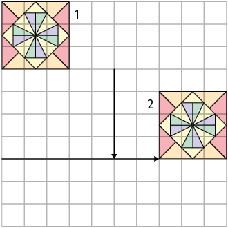 Ilustração de uma malha quadriculada com duas figuras formadas pela simetria vertical e horizontal. A figura 1 está no canto superior da malha e a figura 2 está 7 quadrinhos à direita, seguida pela localização de 4 quadradinhos abaixo da figura 1. Há setas indicando os quadradinhos de distância entre as duas figuras.