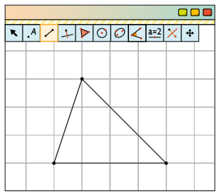 Ilustração da interface do software GeoGebra mostrando: a ferramenta segmento selecionada e um triângulo escaleno na malha quadriculada.