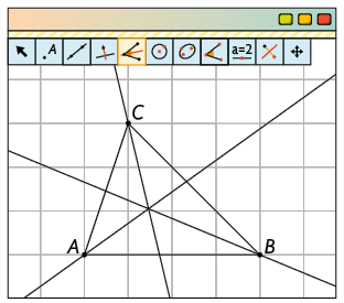 Ilustração da interface do software GeoGebra mostrando: a ferramenta bissetriz selecionada, um triângulo ABC escaleno na malha quadriculada com 3 retas, cada uma passando por um dos vértices e as 3 se cruzam no incentro do triângulo.