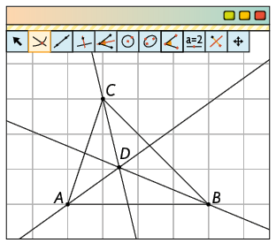 Ilustração da interface do software GeoGebra mostrando: a ferramenta Interseção de Dois Objetos selecionada, um triângulo ABC escaleno na malha quadriculada com 3 retas, cada uma passando por um dos vértices e as 3 se cruzam no ponto D que é o incentro do triângulo.