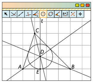Ilustração da interface do software GeoGebra mostrando: a ferramenta Círculo dados Centro e Um de seus Pontos selecionada, um triângulo ABC escaleno com um ponto E na base AB na malha quadriculada com 3 retas, cada uma passando por um dos vértices, as 3 se cruzam no ponto D que é o incentro do triângulo, uma reta t passando pelo ponto E e o ponto D e um círculo com centro no ponto D e raio D E.