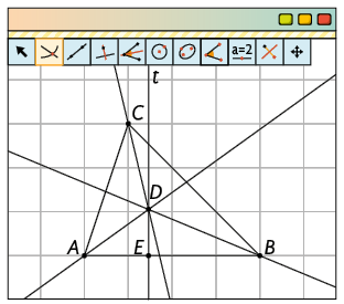 Ilustração da interface do software GeoGebra mostrando: a ferramenta Interseção de Dois Objetos selecionada, um triângulo ABC escaleno com um ponto E na base AB na malha quadriculada com 3 retas, cada uma passando por um dos vértices, as 3 se cruzam no ponto D que é o incentro do triângulo e uma reta t passando pelo ponto E e o ponto D.