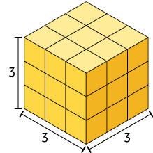 Ilustração de uma pilha de cubos, em que a largura, comprimento e altura são compostos por 3 cubos.