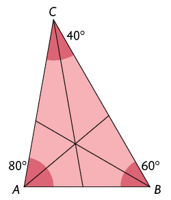 Ilustração de um triângulo de vértices A B C e os ângulos internos sendo respectivamente 80 graus, 60 graus, 40 graus. Em cada vértice há um segmento de reta cortando o ângulo ao meio e indo até o lado oposto a esse ângulo.