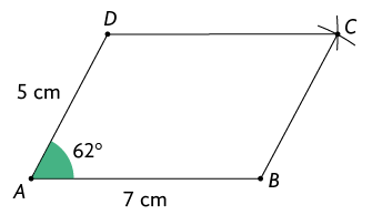 Ilustração de um paralelogramo A B C D. O lado A B é oposto ao lado D C e o lado D A é oposto ao lado C B. No vértice C estão traçados 2 arcos. A medida do comprimento do lado A D é 5 centímetros, da base A B é 7 centímetros e o ângulo interno, A, mede 62 graus.