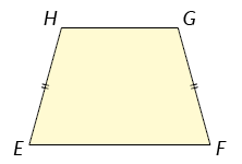 Ilustração de um trapézio isósceles H G F E, em que E F é a base maior, oposta ao lado H G que é a base menor. E também o lado E H é oposto ao lado F G. Está indicado que os lados E H e F G são congruentes.