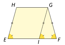 Ilustração de um trapézio H G F E, em que o lado H G é a base menor e E F a base maior. No lado E F há um ponto I marcado e um segmento de reta G I, que é paralelo a ao lado H E, formando assim um paralelogramo H G E I e um triangulo G F I. Está indicado que os lados H E, G I, G F são congruentes. E os ângulos internos de vértices E, e, F, e o ângulo interno ao triângulo de vértice I estão demarcados e os 3 são congruentes.