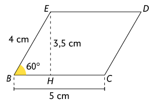 Ilustração de um paralelogramo B C D E. O lado E D é oposto ao lado B C, o lado E B é oposto ao lado C D. A medida de comprimento do lado E B é 4 centímetros, da base B C é 5 centímetros e a altura 3,5 centímetros. O ângulo B mede 60 graus.
