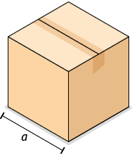 Ilustração de uma caixa de papelão em formato de um cubo, com aresta medindo a.