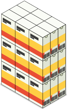 Ilustração de caixas de remédio empilhadas em três fileiras com 9 caixas em cada fileira.