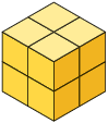 Ilustração de um cubo composto por cubos menores. Em seu comprimento, largura e altura há 2 cubos.